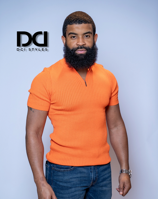 Short Sleeve Mock Neck Shirt With Zipper - Orange