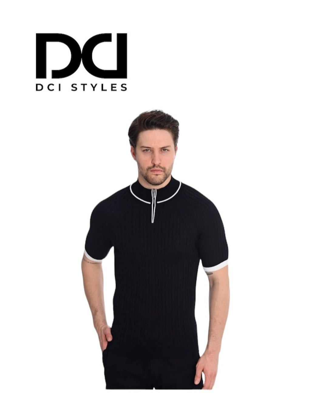 Short Sleeve Mock Neck Shirt With Zipper - Black/White