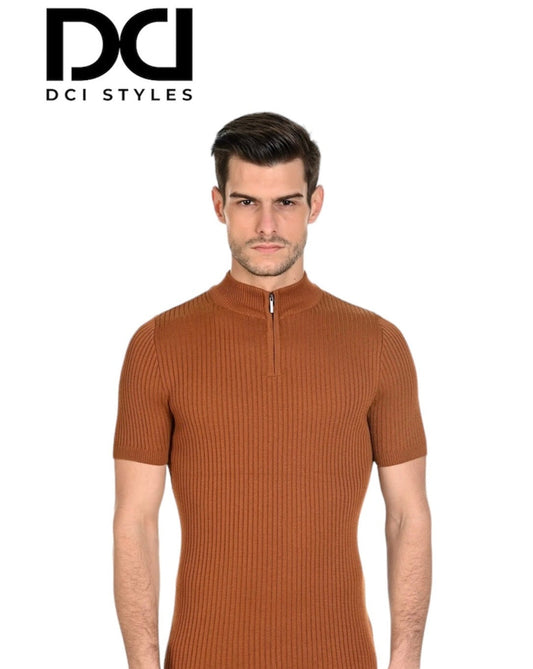 Short Sleeve Mock Neck Shirt With Zipper - cinnamon